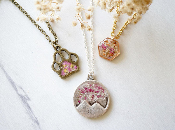 Real Dried Flowers in Resin Necklace, Dog Paw in Pink Yellow White - Furr Baby Gifts