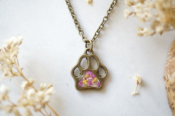 Real Dried Flowers in Resin Necklace, Dog Paw in Pink Yellow White - Furr Baby Gifts