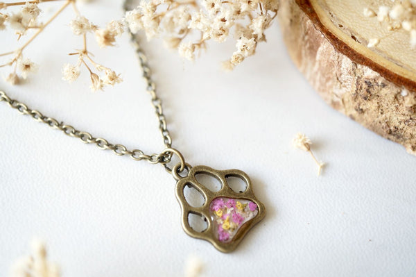Real Dried Flowers in Resin Necklace, Dog Paw in Pink Yellow White - Furr Baby Gifts