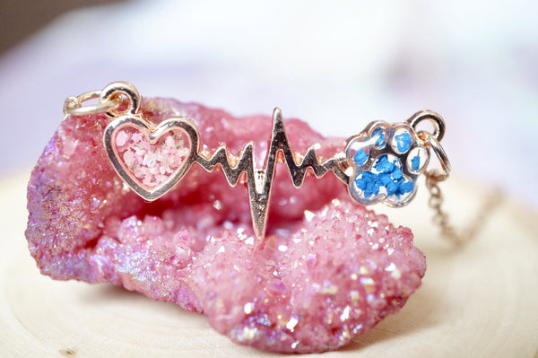 Real Pressed Flowers in Resin, Gold Dog Necklace in Blue and Pink - Furr Baby Gifts