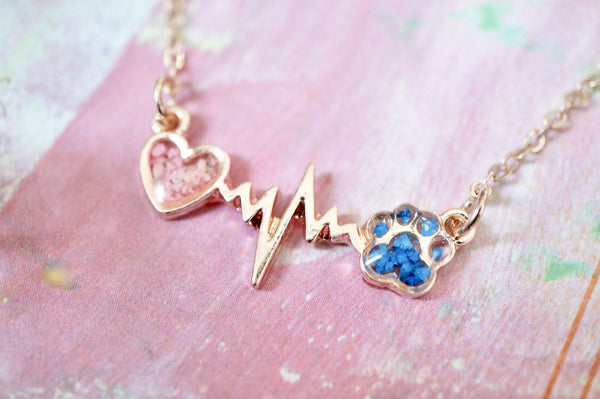 Real Pressed Flowers in Resin, Gold Dog Necklace in Blue and Pink - Furr Baby Gifts
