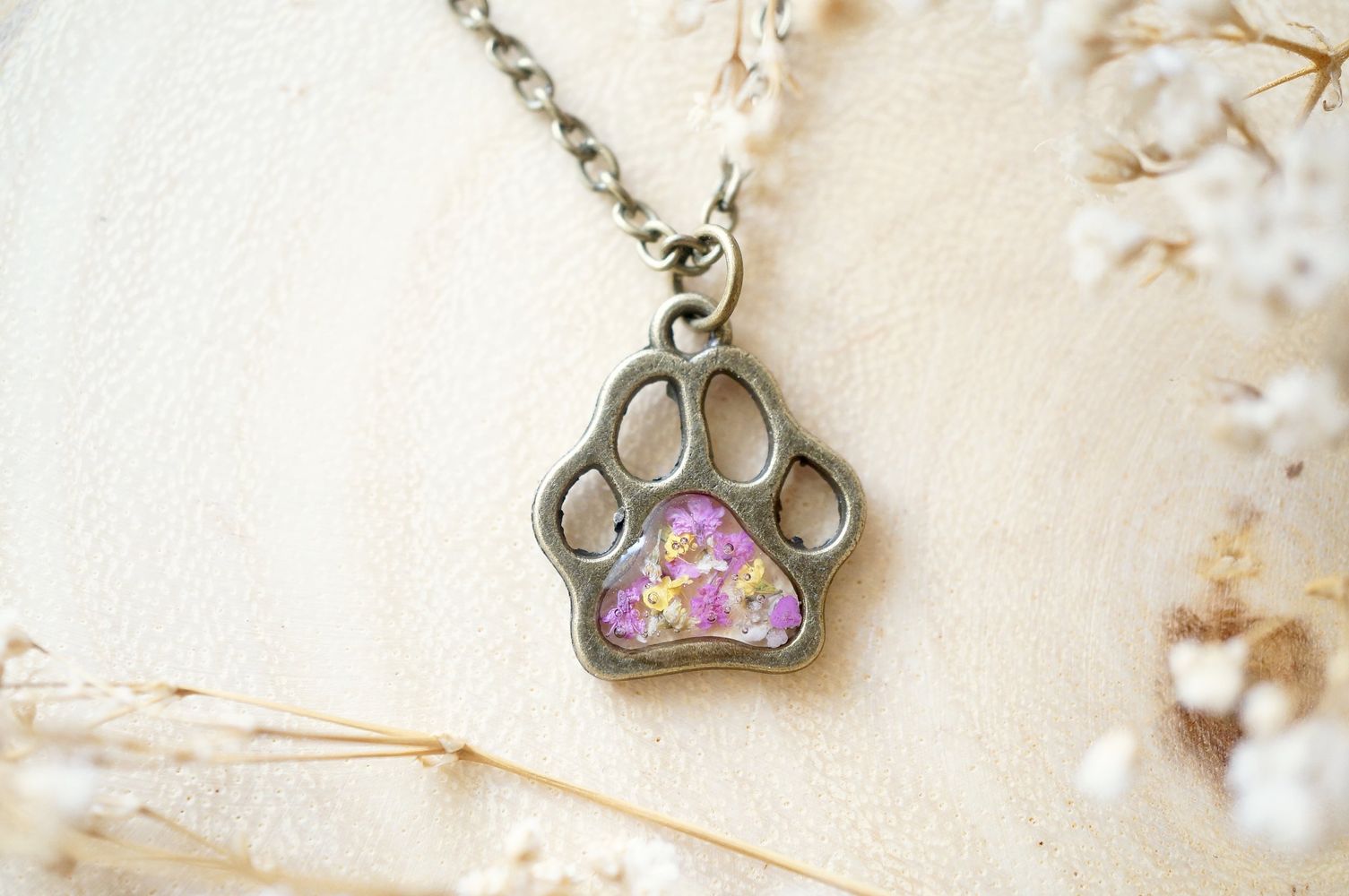 Real Dried Flowers in Resin Necklace, Dog Paw in Pink Yellow White - Furr Baby Gifts