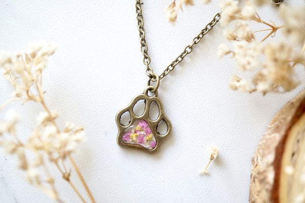 Real Dried Flowers in Resin Necklace, Dog Paw in Pink Yellow White - Furr Baby Gifts