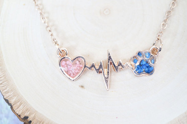 Real Pressed Flowers in Resin, Gold Dog Necklace in Blue and Pink - Furr Baby Gifts