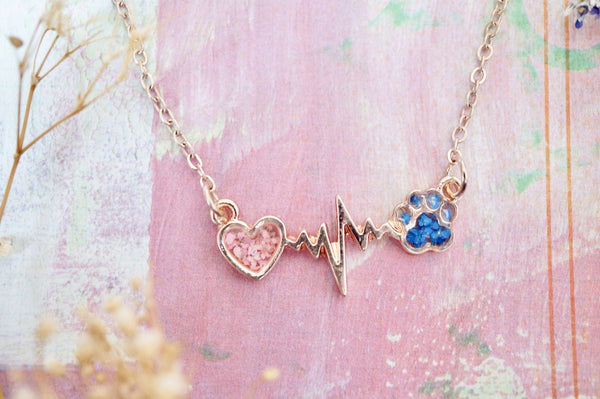Real Pressed Flowers in Resin, Gold Dog Necklace in Blue and Pink - Furr Baby Gifts